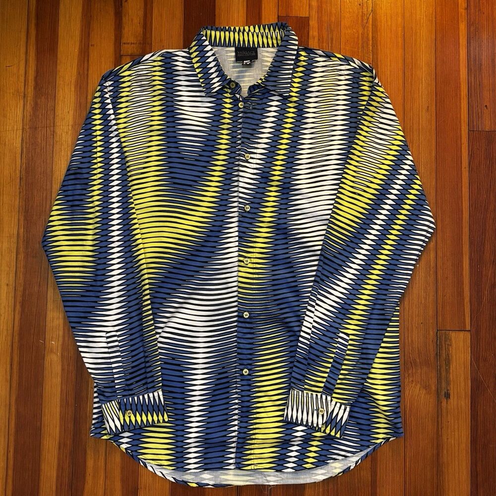 Vintage 90s Versace Jeans Couture Mens XL Shirt Op Art Psychedelic Kinetic Wave
